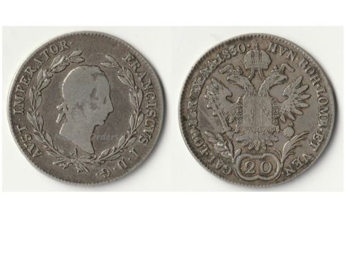 Austrian Empire Silver 20 Kreuzer Coin 1830 A, Kaiser Franz I, Vienna Mint
