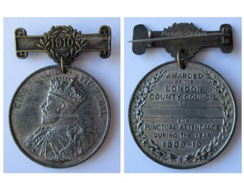 Britain King Edward VII Medal for Punctual Attendance 1910 for 2nd Award with Bronze Bar by the London County Council