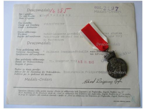Croatia WWII Order of the Crown of King Zvonimir Silver Merit Medal by Braca Knaus with Diploma to German NCO Dated 1943