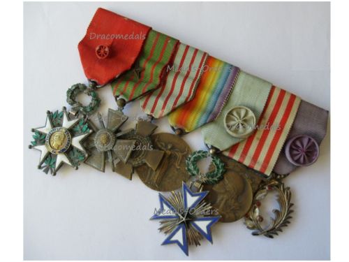 France WWI Set of 7 Medals (National Order of the Legion of Honor Officer's Cross, Black Star of Benin, Academic Palms Officer's Star Badge, Victory Medal Charles Type, WW1 War & Combatants Cross, Commemorative Medal)