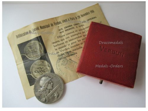 France WWI Silver Verdun Medal 1916 by Vernier Non Wearable Type by the Paris Mint for Officers Boxed with Monolingual Diploma