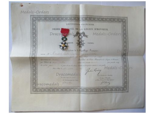 France National Order of the Legion of Honor Knight's Cross with Diploma to Captain of the 12th Artillery Regiment Franco-Prussian War 1870 1871