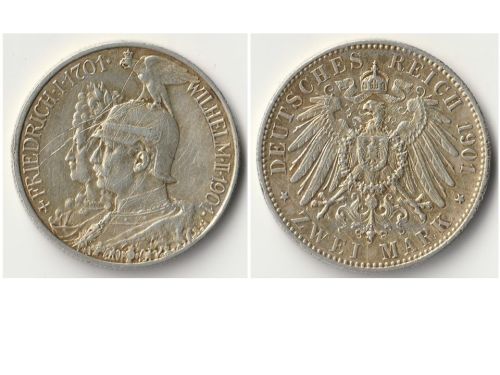 Germany Prussia 2 Mark 1901 Silver Coin 200th Anniversary German Empire Kaiser Wilhelm II, Empress Augusta Victoria, Berlin Mint