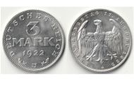 Germany 3 Mark Coin 1922 J Constitution Day 11 August, Aluminum, Weimar Republic