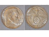Nazi Germany 2 Mark Coin 1937 F Paul Von Hindenburg with Swastika 