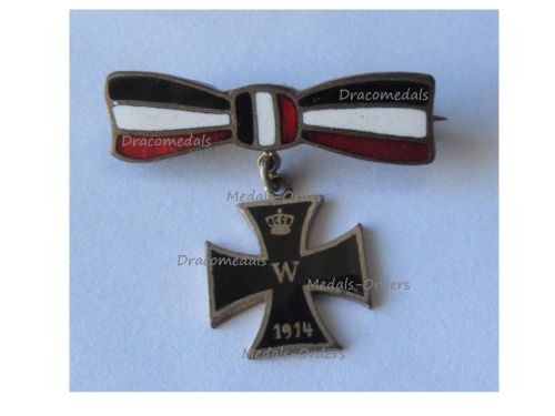 Germany WWI Patriotic Cap Badge Iron Cross 1914 on Ladies Bow in the German Imperial Colors