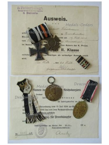 Germany WWI Set of Medals & Diplomas (Iron Cross KO, Hindenburg St&L, Centennial 1897, Kyffhauser Medal Badge) 5th Bavarian Field Artillery Regiment