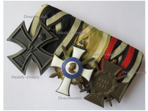 Germany WWI Set of 3 Medals (Saxon Order of Albrecht Knight's Cross with Swords 1910 by Scharfenberg, Iron Cross 2nd Class, Hindenburg Cross by BHL)
