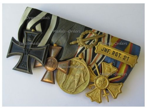 Germany WWI Set of 4 Medals (Iron Cross, Prussian Military Service Cross XV Years, German Legion of Honor Medal, 21st Infantry Reg Regimental Cross)