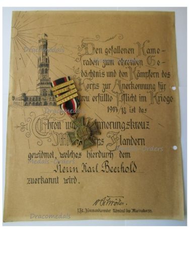 Germany WWI Flanders Cross with 4 Clasps Somme, Ypern, Yser, Flandernschlacht & Diploma