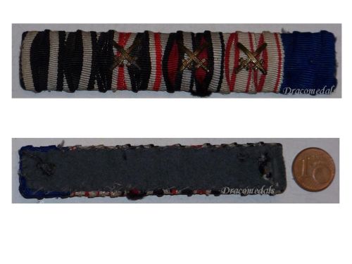 Germany WWI Ribbon Bar of 5 Medals (WW1 Iron & WWII War Merit Cross, Austrian Commemorative Medal, Prussian Long Military Service & Hindenburg Cross)