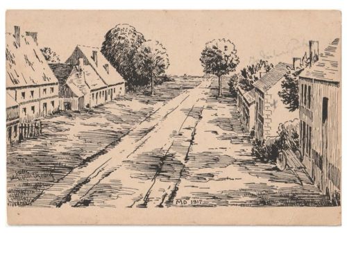 Germany WWI Field Postcard, Schetch of French Village 1917, Feldpost 1918, 9th Bavarian Field Artillery Regiment, 1st Battery