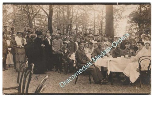 Germany WWI Photo Postcard Field Hospital Lazarett, Red Cross Coffee Event, Nurses, Officer, Soldiers with Iron Cross, Postmarked St Johann