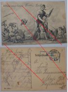 Germany WWI Propaganda Postcard "Michel Reinigt Europa" (Michel Sweeping Europe Clean) Field Post Stamp Trier 1914