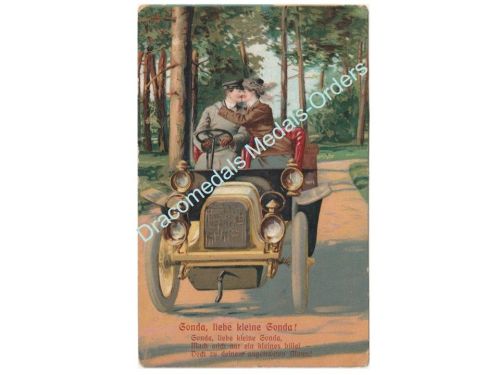 Germany WWI Romantic Postcard Officer & Wife "Sonda" in Automobile, Clenze 1916