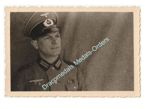 Germany WWII Photo Wehrmacht Infantry Officer, Iron Cross & Sudetenland Medal Ribbon Bar, Visor Cap