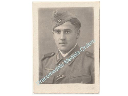 Germany WWII Photo Wehrmacht Soldier, Iron Cross 2nd Class Ribbon, Side Cap
