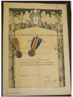 Italy WWI 2 Medal Set with Diploma to Captain (Italian Unification 1915 1918, Victory Interallied Medal by Johnson)