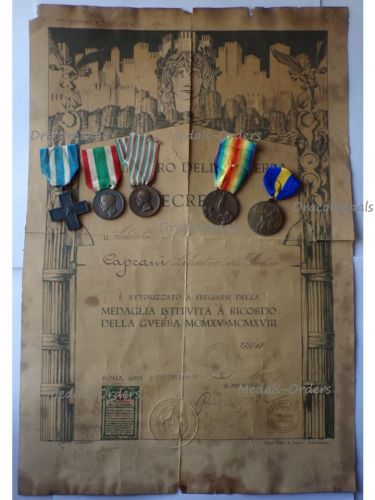 Italy WWI 5 Medal Set with Diploma (Cross for War Merit, Italian Unification 1848 1918 by CBC, 1915 1918 by Sacchini, 1st Army, Victory Interallied Medal by Johnson)